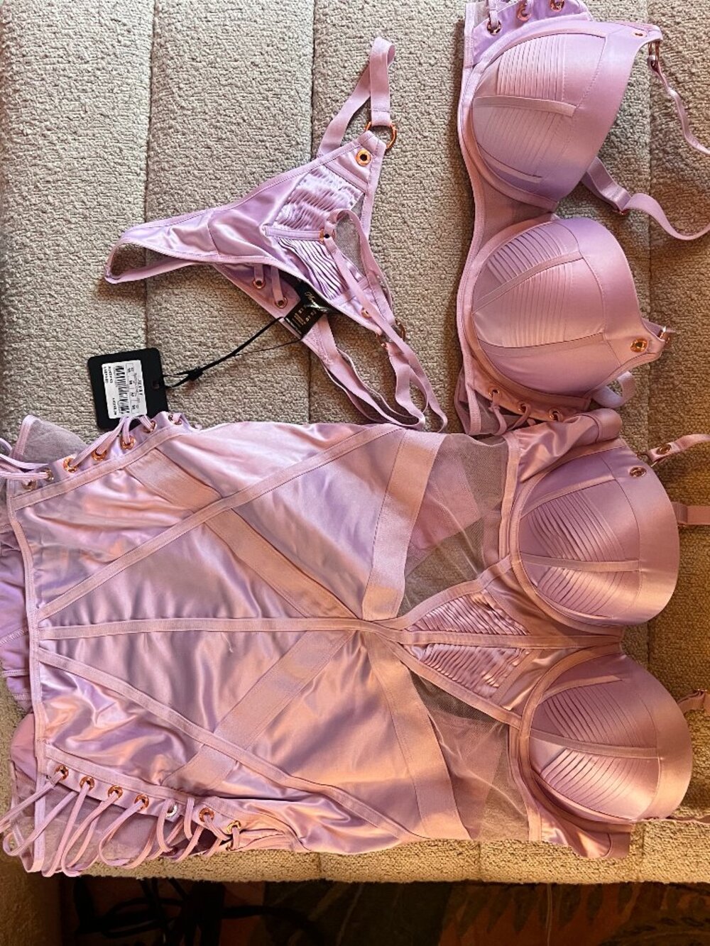 Honey Birdette Jerry Lavender 3-Piece Lingerie Set 36D / M